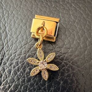 Gold Tone Pavé Crystal Flower Dangle Italian Charm Link – Elegant Sparkle
